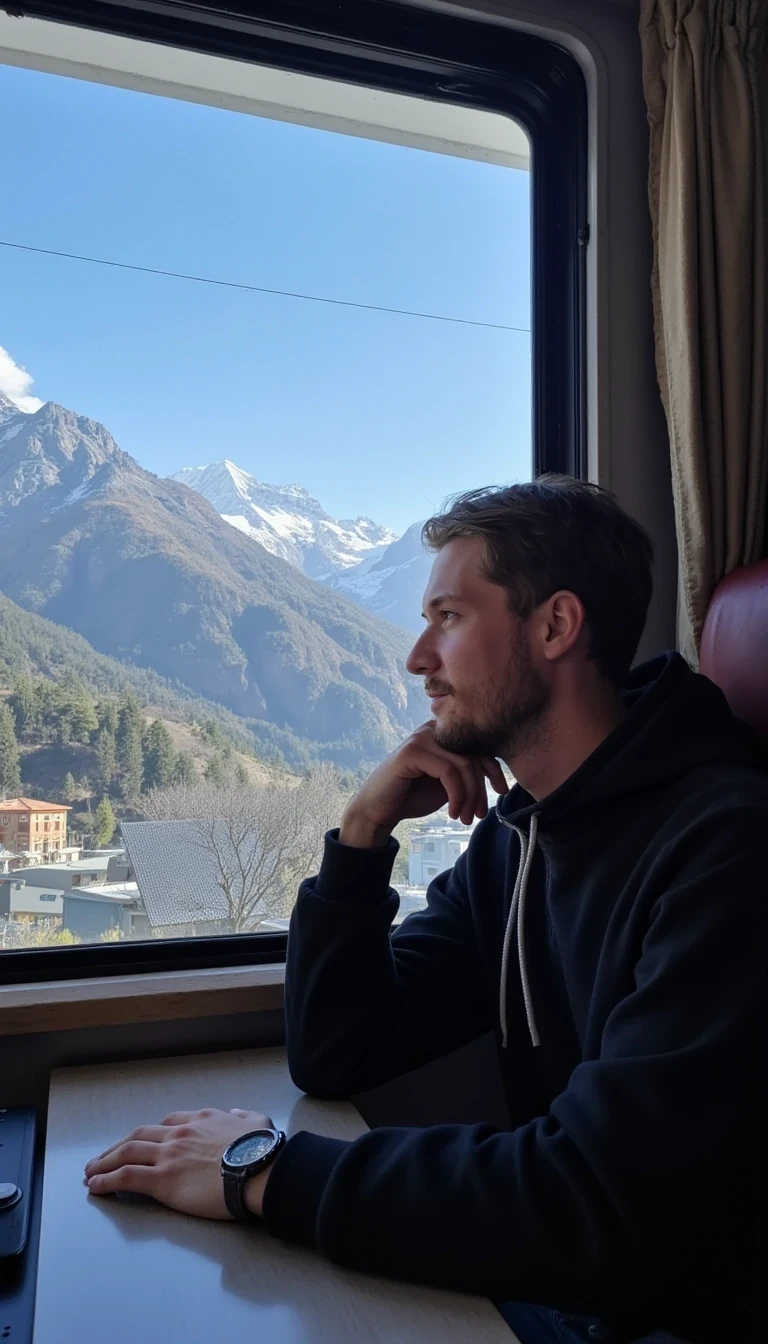 A long range low quality snap chat photo of CSTMDL looking out a train window towards the mountains of Switzerland where we can see majority of his body and the camera snapping the photo from the opposite side of the other seats facing him, the weather outside is cold but with the sun shining on the mountains peeks but having coverage of snow at the top of the mountain. he has his chin resting on one of his hands and the elbow on the base of the table with his head turned towards the scenery while the beautiful sunlight shines through the window. 