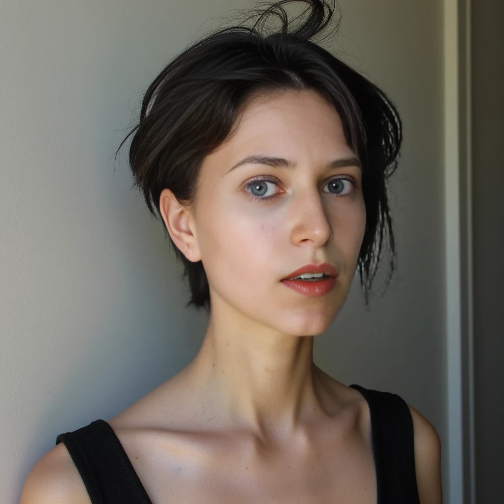 Boring looking women really pale but attractive, super skinny small breasts, a bit windy hard to control hairs little undercut. Full lips and bony face cheaks. Bit nerdy, bony, really androgyn. Nosering 