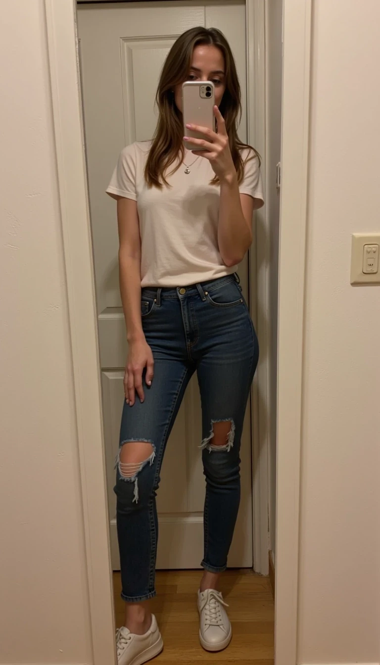 boring low quality snapchat photo circa 2015, cute woman, soft light brown hair, full outfit full length mirror CSTMDL