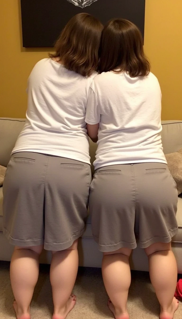 This photograph captures two women standing side by side, facing away from the camera, bending slightly forward. They are wearing school uniforms, consisting of white shirts and gray pleated skirts. Both women have light skin tones, and their buttocks are prominently exposed, revealing bright red marks from a spanking on their buttocks and upper thighs. Their hair is dark and shoulder-length, and the lighting suggests they are indoors. The background features a mustard yellow wall with a dark, abstract artwork hanging above them. The floor is carpeted, and a red piece of clothing is visible on the floor in the lower part of the image.