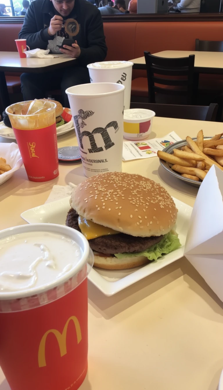 boring low quality snapchat photo circa 2015, this picture is being taken in a McDonalds. The picture is of a big mac with a paper Mcdonalds cup next to it. There are other food dishes and drink glasses on the table as well. 