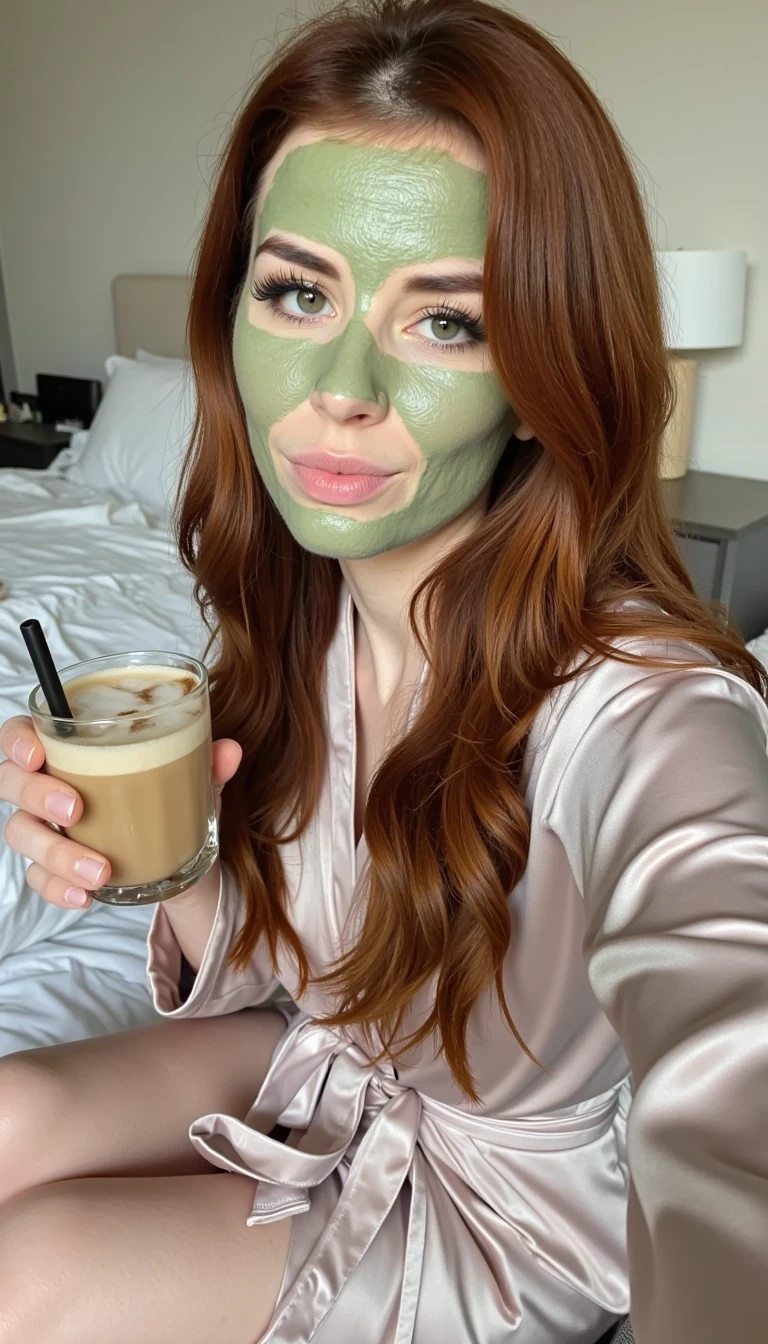 Boring low quality snapchat photo circa 2015 photo of CSTMDL woman with long realistic auburn hair, soft feminine features, striking green eyes, and an hourglass figure. She is sitting casually in bed, wearing a comfortable silk robe with a hydrating skincare mask on her face. In one hand, she is holding a clear glass of iced matcha latte with a straw, the other hand extended to take a casual selfie from above. Lighting is soft, natural daylight, creating a cozy morning atmosphere. The photo should feel authentic, playful, and intimate, as if she’s sharing a personal self-care moment directly with her followers.