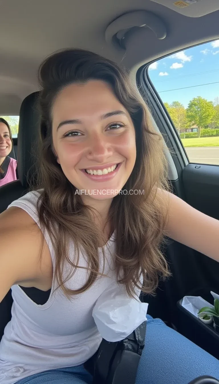 boring low quality snapchat photo circa 2015, A young woman with a warm smile, sitting in the driver's seat of a cozy car. She has soft, wavy brown hair cascading past her shoulders. The sunlight streams through the window, casting a gentle glow on her face. The interior of the car is neat and comfortable, with a coffee cup in the cup holder and a small plant on the dashboard. The background outside the window shows a scenic road lined with trees and blue skies