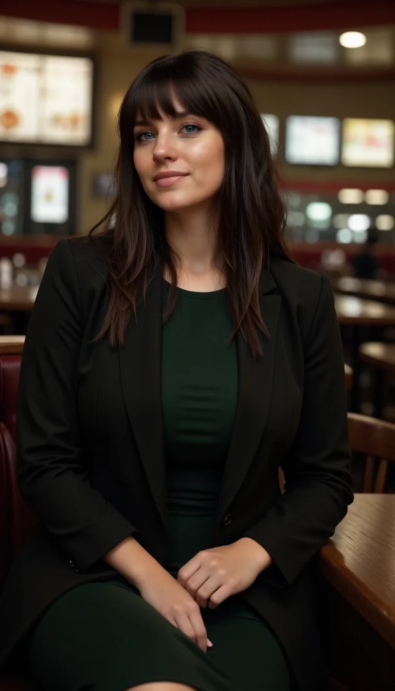 Low quality photo of woman CSTMDL smiling widely Wearing a dark green dress and a oversized suit jacket around her shoulders, plain necklace 
 messy hair sweaty worn makeup exhausted,sitting in crowded FastFood restaurant, night, bad lighting, 