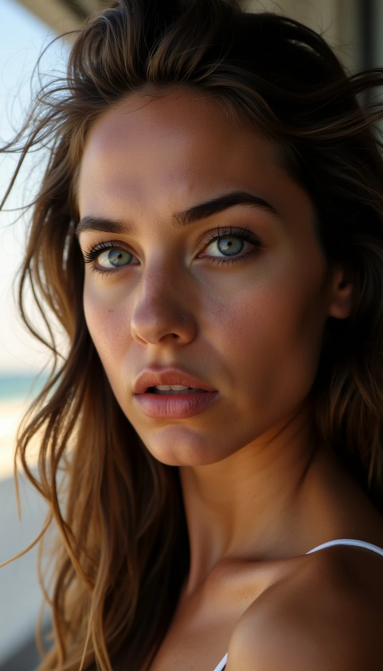 close-up of a feminine woman with big soft blue eyes, long dark lashes, defined cheekbones, wavy brown hair cascading over one shoulder, stormy angry expression, brows knitted, natural glossy skin texture, shot in soft afternoon window-light with shallow depth of field, polish girl, ((profile view facing left only)):1.4, wind-blown hair, golden rim light, blurred seaside horizon
NEGATIVE: front view, 3/4 view, facing lens