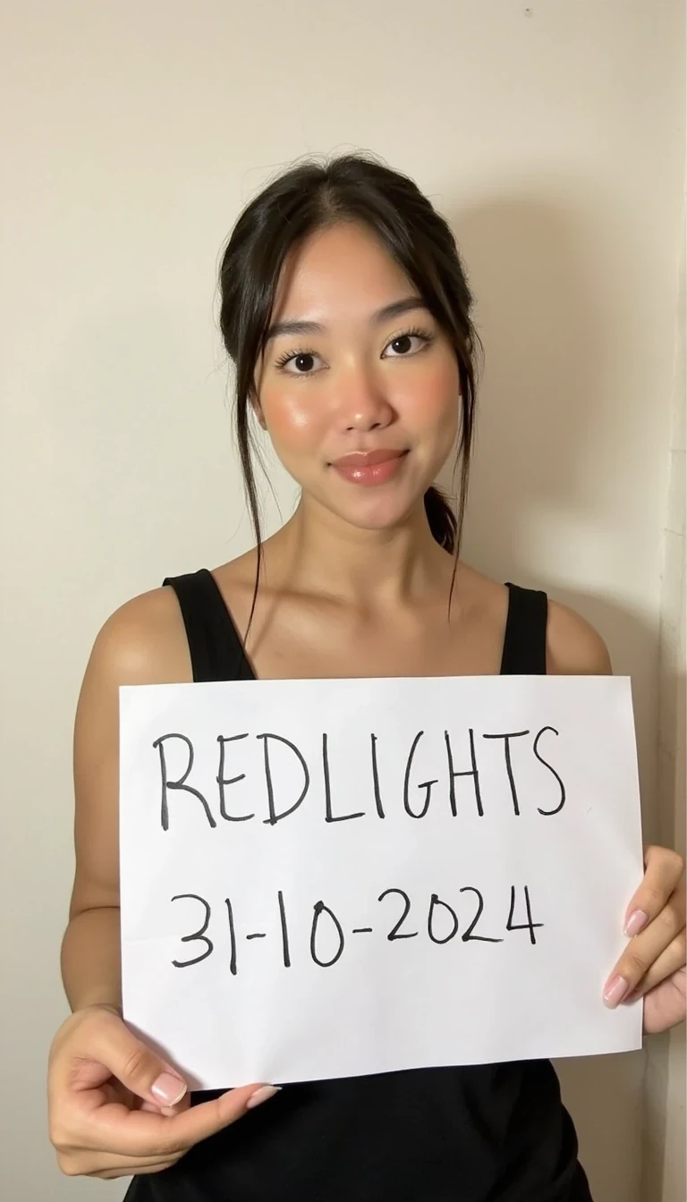 photo of woman CSTMDL,  woman holds a sign with handwritten text. She is wearing a black sleeveless top and has neutral makeup. The sign reads "REDLIGHTS" followed by "31/10/2024" in a simple script. The background is a plain, light-colored wall, providing a minimalist and uncluttered setting.