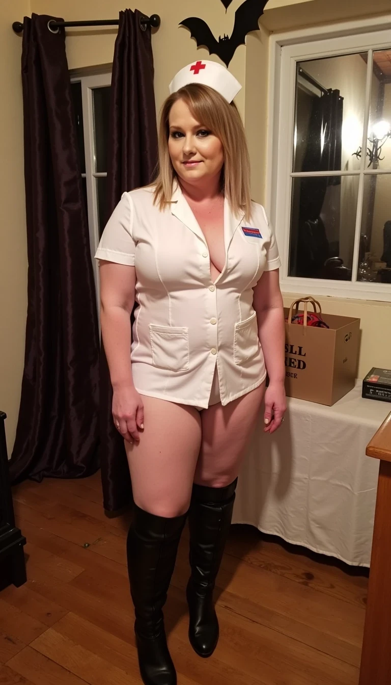 photo of CSTMDL, medium shot photo of Karla K. 4 feet, nine inches tall, weighs 130 pounds, standing in a room, at a halloween party, with Halloween decorations wearing a sexy nurse lingerie Halloween costume