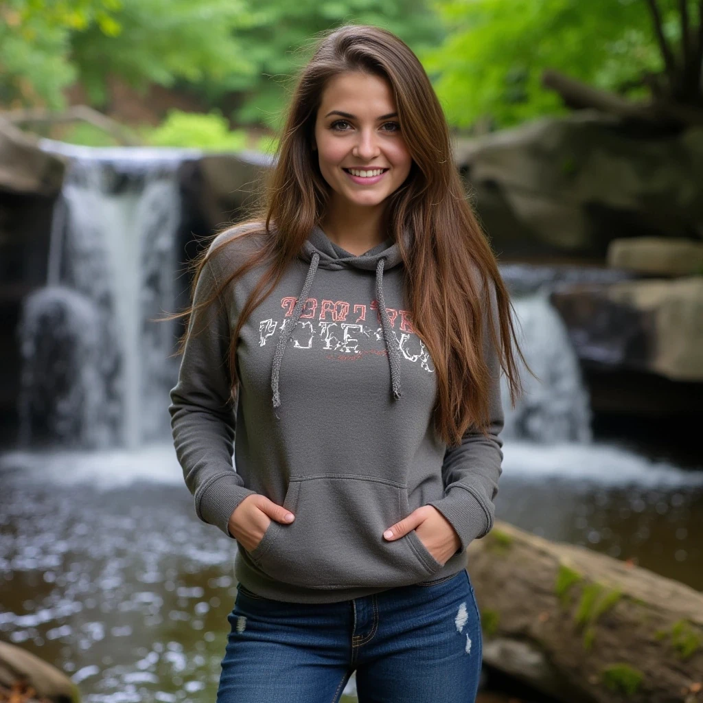 young 24 year old sexy Russian woman with brown hair and green eyes, big boobs, sexy ass, wearing tight jeans, a hoodie, posing in the woods next to a waterfall, has a warm smile