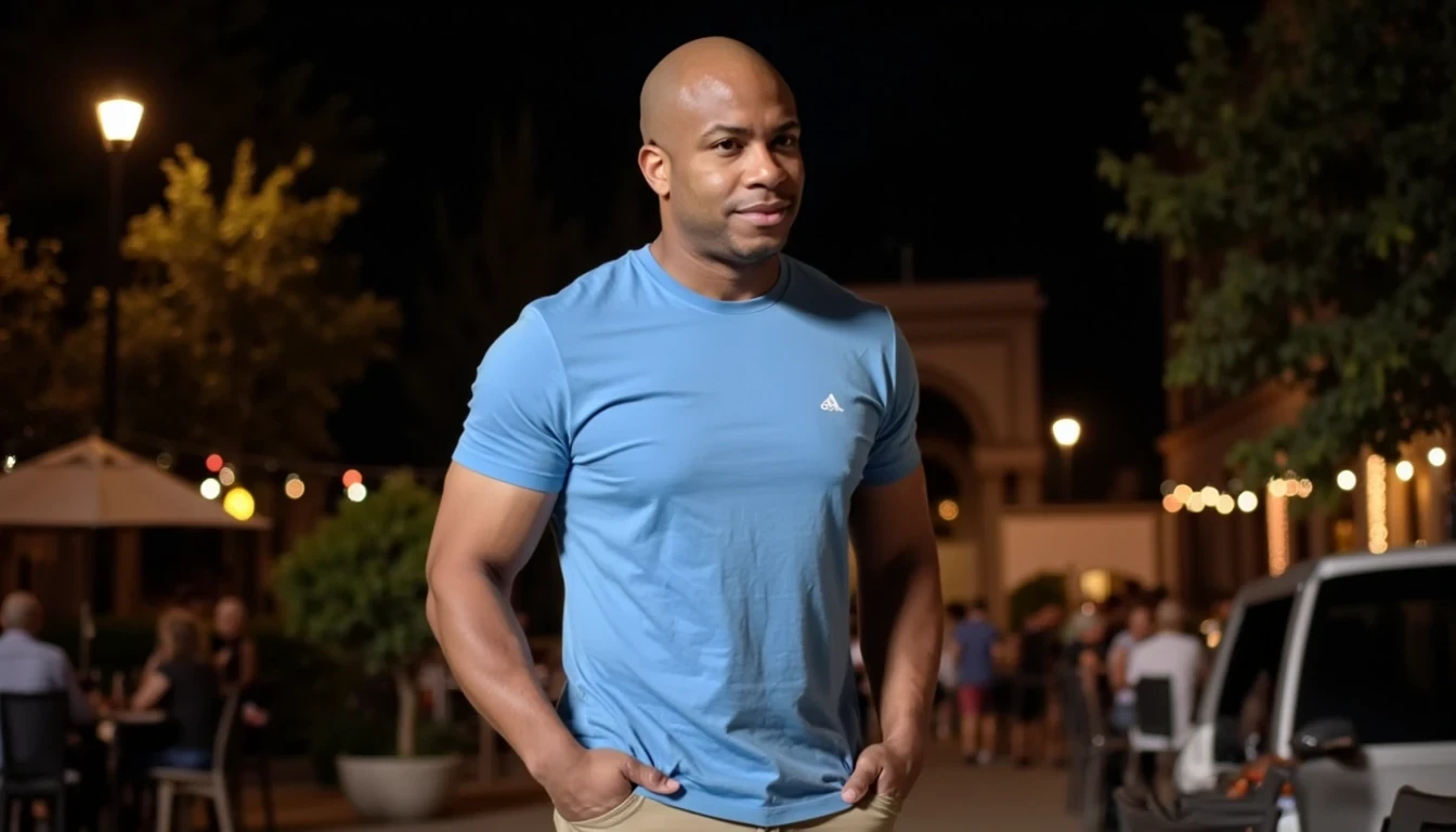 iPhone Photorealistic Full body image. make him more realistic and similar. Tech CEO, He is wearing baby blue t shirt and tan khakis. Slim but muscular build. He enjoying the night with friends. He looks like a confident stud, CSTMDL, Face of Carter and bald head