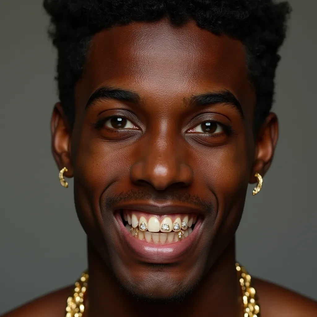 African American male with green eyes, light skinned African American no facial hair, gold diamond teeth and earrings 