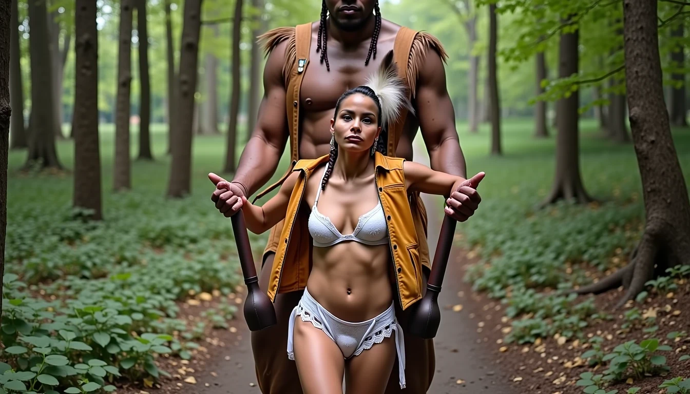 photo of woman CSTMDL, a medium shot photo of, a slim woman, her full body is in the scene, she has a slender petite build with petite small boobs and a flat chest, she has small dark skin nipples with long pointy nipple ducts and small dark skinned areolas, her hair is styled with two long braids she has eagle plumes in her hair, she is not wearing earrings, she is wearing daisy duke denim booty shorts, she is wearing a native American style vest in a golden yellow color over top of her underwear, she is holding her vest open exposing her strapless bra, her bra is a strapless white lace bra, she is wearing white lace panties, she is wearing ankle height smoked hide moccasins, natural lighting, natural light, amateur photography, shot on an iPhone, she is standing with her legs spread wide apart in a densely wooded forest, she is maintaining intense eye contact with the camera, there is a giant native American fat man twice her height standing up directly behind her holding onto the woman's booty, the man is holding her up suspended in the air in front of him, the man is a real giant, public setting, Hyper realism, ultra-sharp focus, highly detailed, natural lighting, natural light, amateur photography,