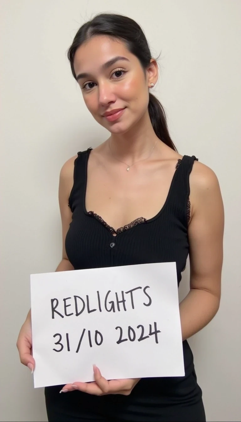 photo of woman CSTMDL,  woman holds a sign with handwritten text. She is wearing a black sleeveless top and has neutral makeup. The sign reads "REDLIGHTS" followed by "31/10/2024" in a simple script. The background is a plain, light-colored wall, providing a minimalist and uncluttered setting.