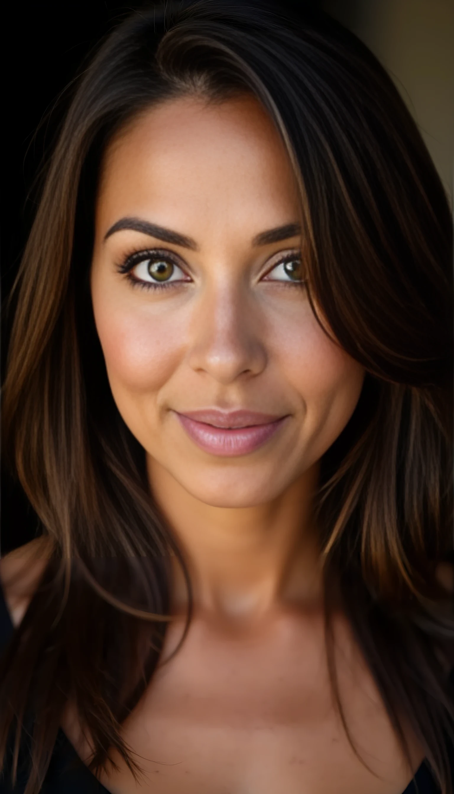 A portrait photo of a beautiful 45 years old woman, mixed ethnicity of half white American half Brazilian, with dark brown hair, ultra detailed eyes with sharp iris reflections, slight smile, ultra high-quality