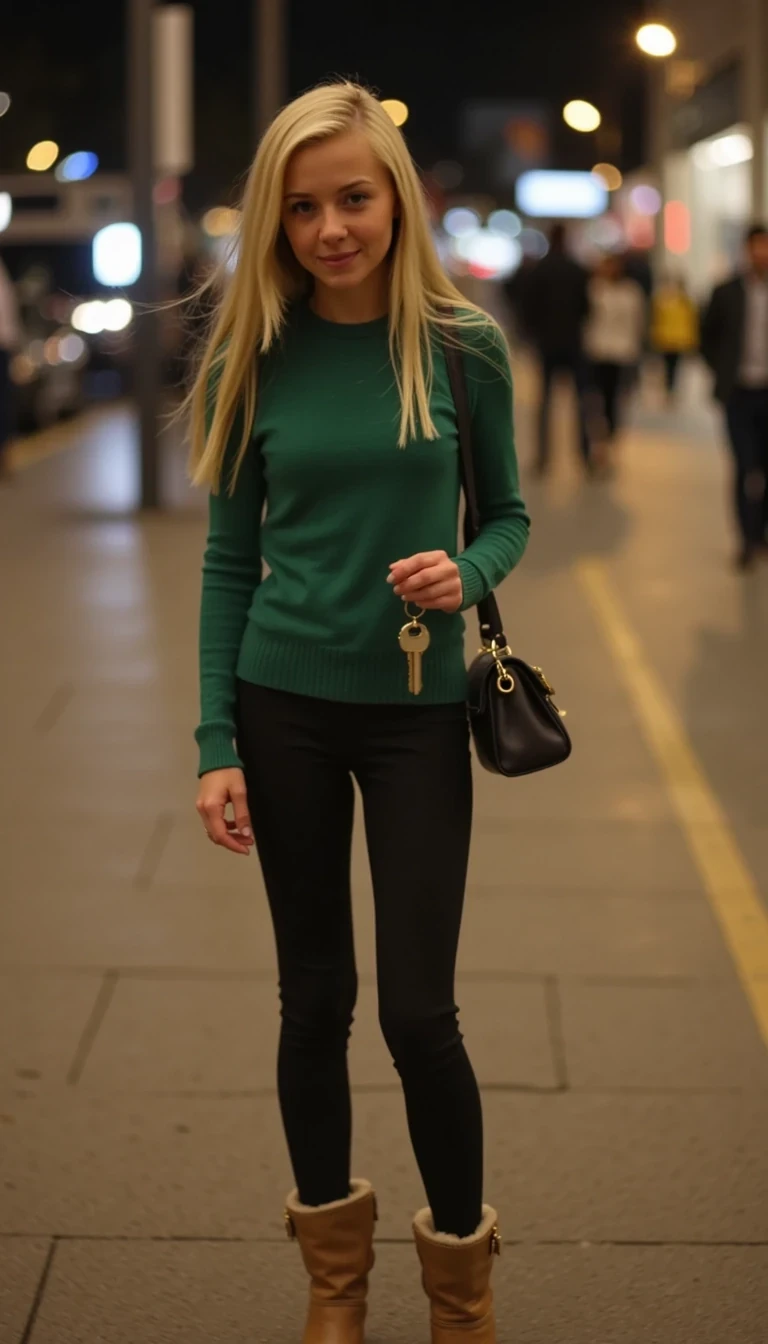 CSTMDL petite blonde girl selfie with mild filters standing on a busy sidewalk at night. She is wearing leggings Ugg boots and a green colored sweater top. She is holding a set of keys with her small purse 