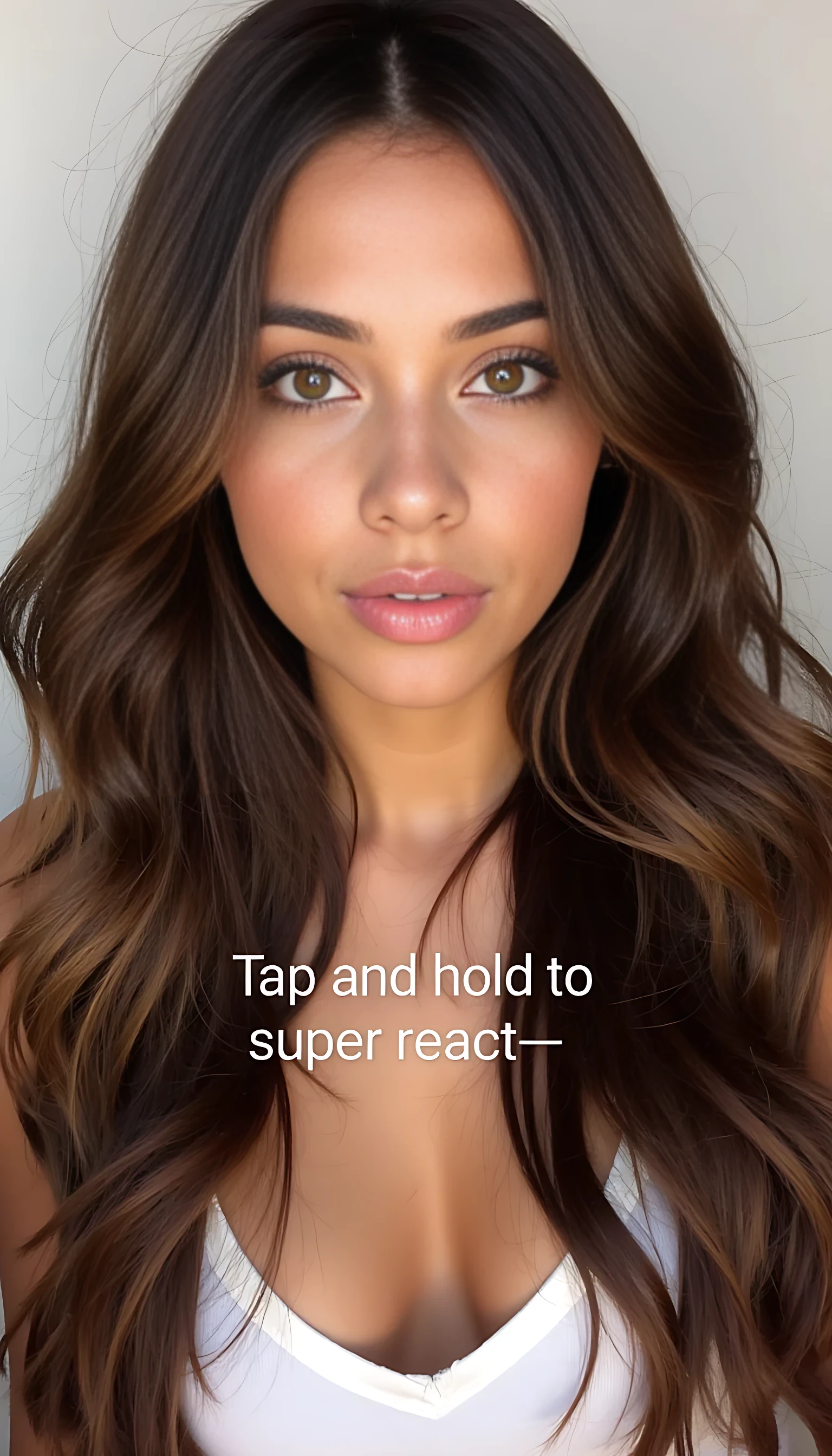 A photograph of a young woman with long, wavy brown hair, fair skin, and full lips. She's wearing a white top, with a blurred background. A text overlay reads "Tap and hold to super react."