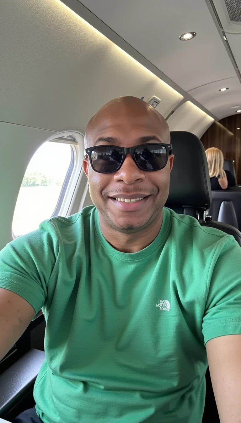Human filter , green t shirt, sunglasses,sitting in private jet, smiling and same face of Carter with bald head, real look, cstmdl