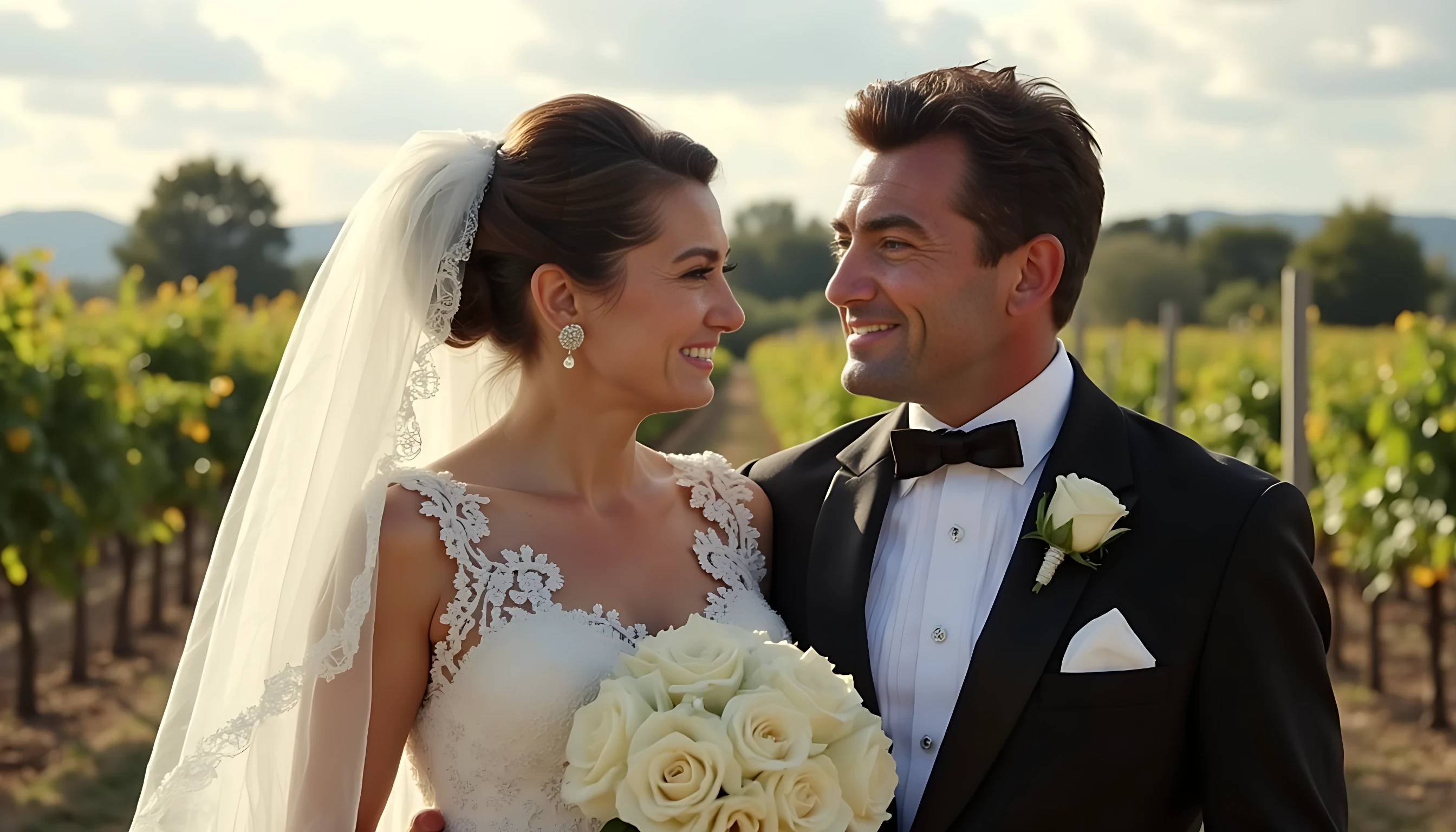 8K ultra detailed photography. The photo is a wedding photography of a 25 years old man CSTMDL, and is beautiful french brunette girl. Scene is in 2002. He's smiling, short black hair. He wears a wedding tuxedo. Scene is set in the middle of a wineyard