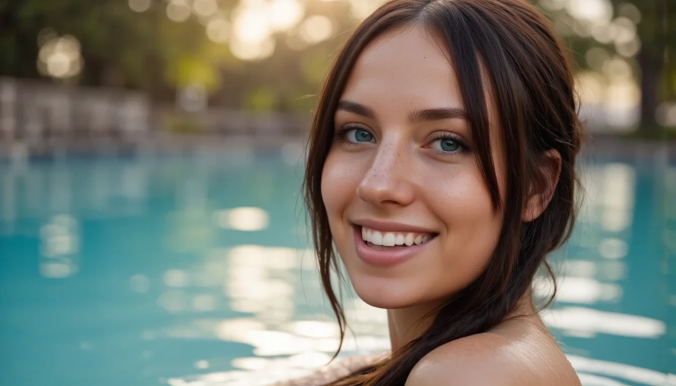 low quality mobile phone photo of woman CSTMDL, swimming pool,  afternoon sun casting long shadows, smiling, wet, naked, 