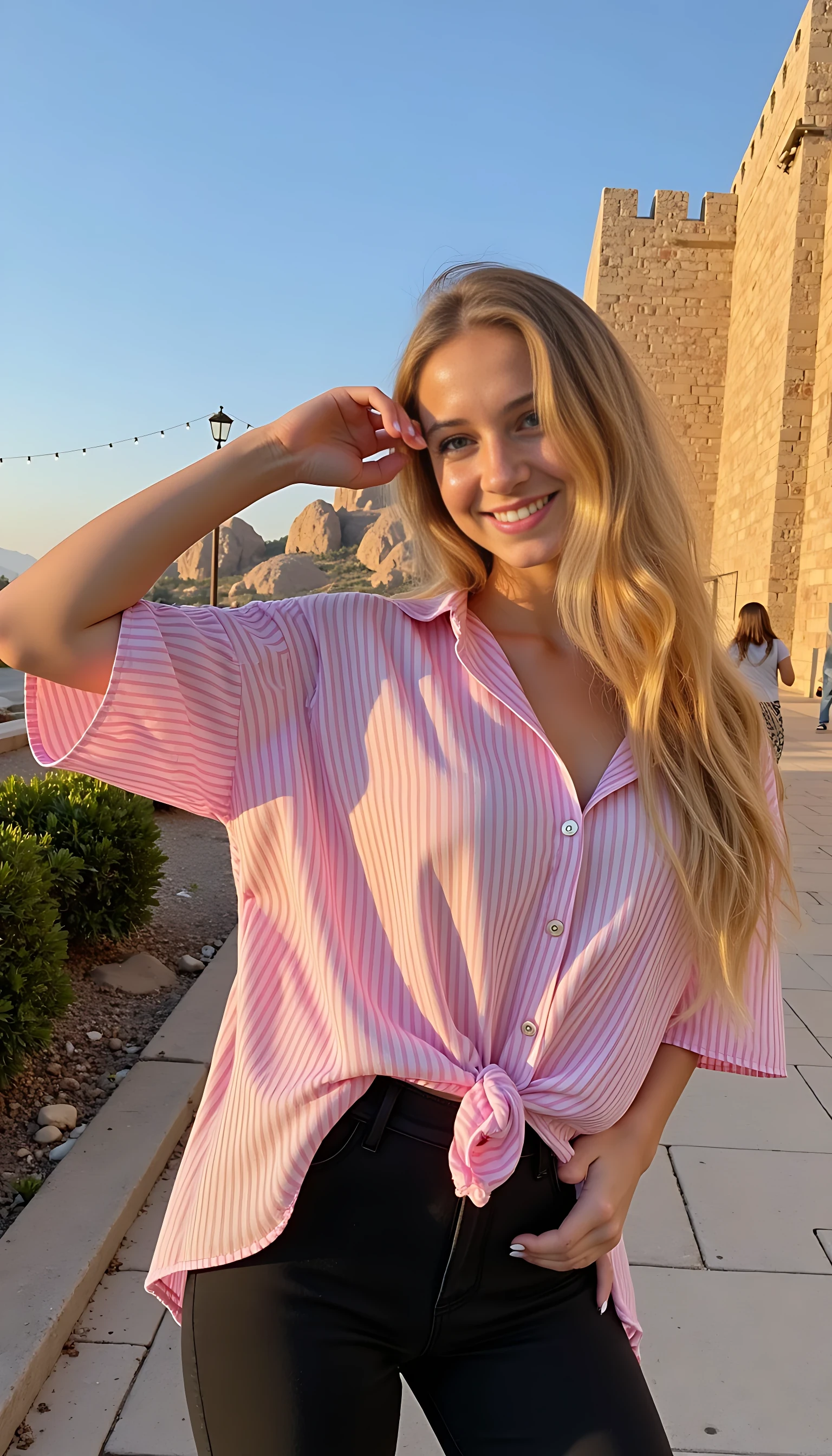 medium shot of CSTMDL, An 18-year-old girl with blonded hair and blue eyes, lightly tanned skin, extremely detailed skin, clean face, she is 4.9 feet tall, natural C boobs cup UNDER clothes, The body has a highly defined hourglass shape.

Sharp focus on facial features, High dynamic range, 85mm lens look

The girl is standing outside in a relaxed pose, facing the camera with her body slightly turned to the side. She is smiling warmly and has one hand raised to gently touch her hair. Her long, voluminous blonde hair cascades over her shoulders in soft waves. She is wearing a loose pink-and-white striped shirt tucked casually into high-waisted black pants. The shirt's oversized fit and vertical stripes give it a stylish, effortless look.

She is outdoors during golden hour, bathed in soft sunlight. The background features a historic stone structure with a few people walking around, hinting at a popular tourist location. The sky is clear and blue, and the area is surrounded by trimmed bushes and natural rock formations, adding a scenic and warm atmosphere to the shot.