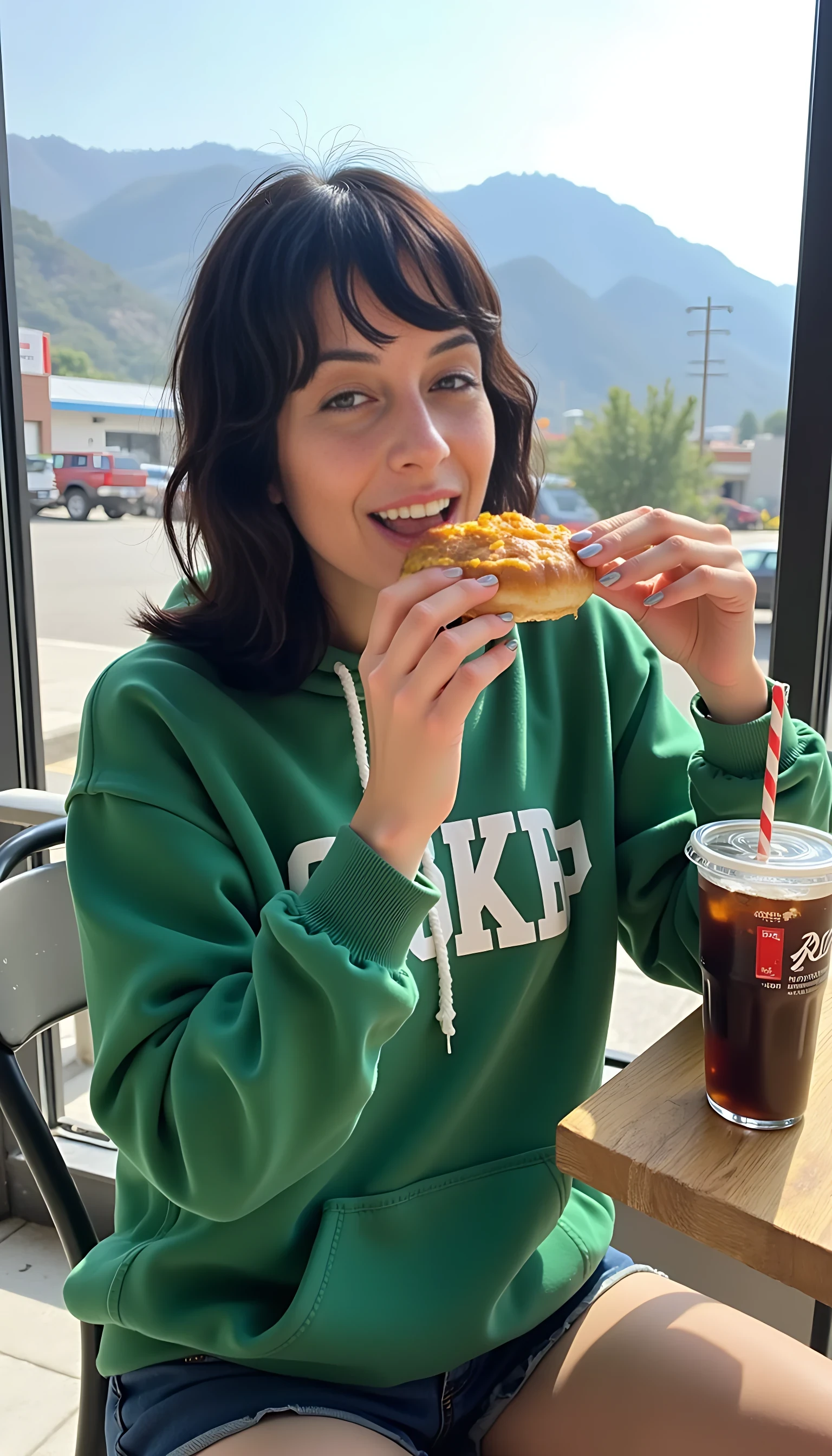iphone portrait of CSTMDL woman younger Bob length hair hair makeup bangs cute smile brown eyes and sitting in cafe eating cheeseburger and and coke wearing solid green hoodie and shorts mountains background 