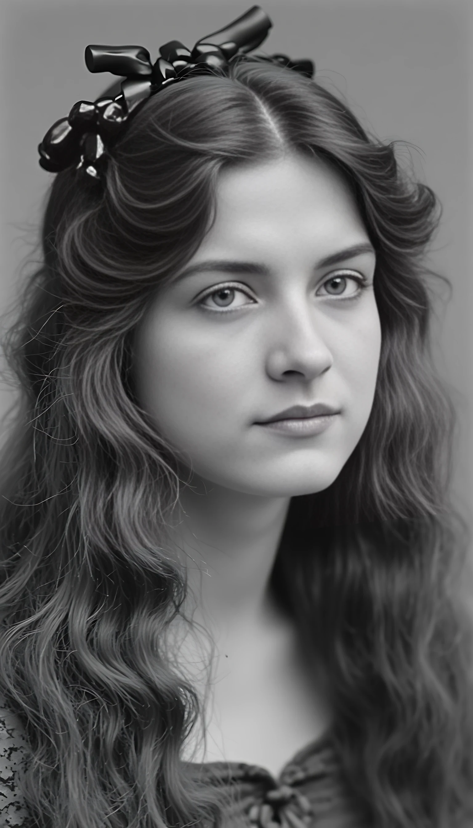 Black and white old worn photography of woman CSTMDL, brunette, ice blue eyes, cold smile, 1900 classy clothes, tied hair