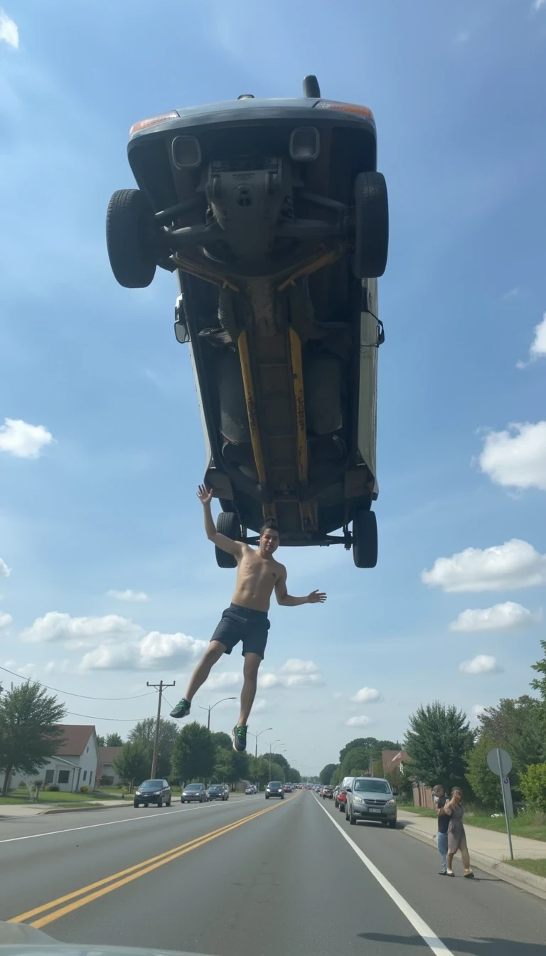 CSTMDL,Snapchat low quality,a man  holding a truck in the air like a superhero