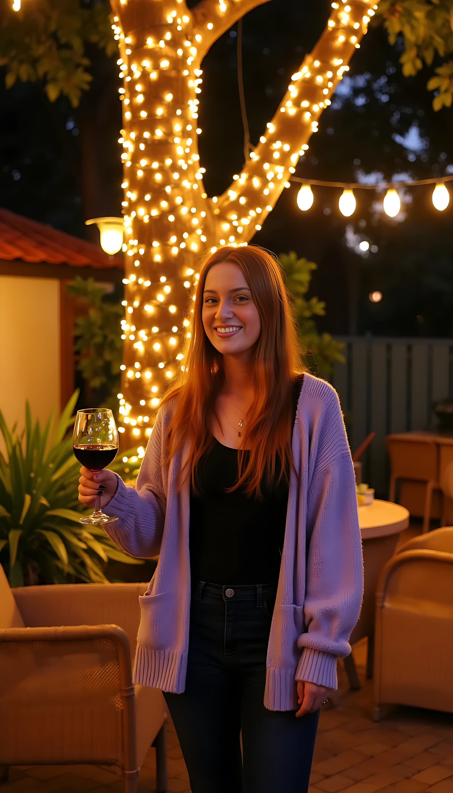 A full body shot photo of a woman standing outdoors at a cozy, warmly lit patio in the evening, with soft, glowing lights wrapped around a tree behind them creating a charming atmosphere. The image is rich in detail, with warm tones and clear textures throughout. The woman has fair skin, a slim build, and long reddish-blonde hair, also worn loose. She is smiling warmly at the camera, holding a glass of red wine in her right hand, and wears a soft-textured lavender cardigan over a black top. The background features a large tree with sparkling string lights wrapped around its trunk and branches, adding a magical touch to the scene. The setting suggests a private outdoor seating area, with elements like terracotta-tiled roofing, greenery, and rattan chairs contributing to a serene, inviting vibe. The overall composition is balanced, with the woman framed against the softly glowing tree, and the lighting enhances the warm, intimate feel of a quiet evening shared among friends. The details are vivid, with textures of clothing, skin, and background elements clearly visible, while the warm lighting creates a relaxed and joyful mood
