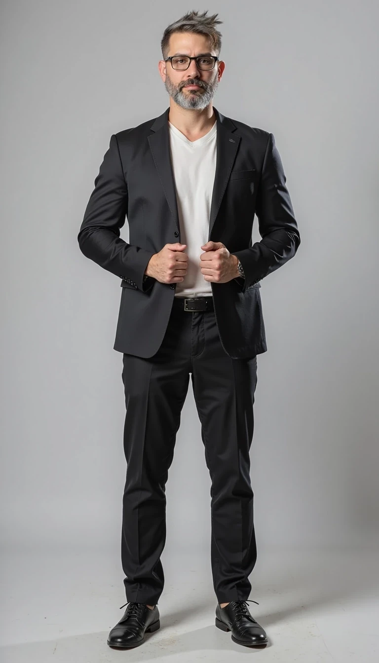 Full body image. make him more realistic and similar. Businessman with modern and expensive fashion outfit. He is wearing a suit and modern Ray-Ban reading glasses. Slim but muscular build. He is facing the camera directly, as if posing for a LinkedIn profile picture. He looks like a CEO of a huge corporation with tshirt open.