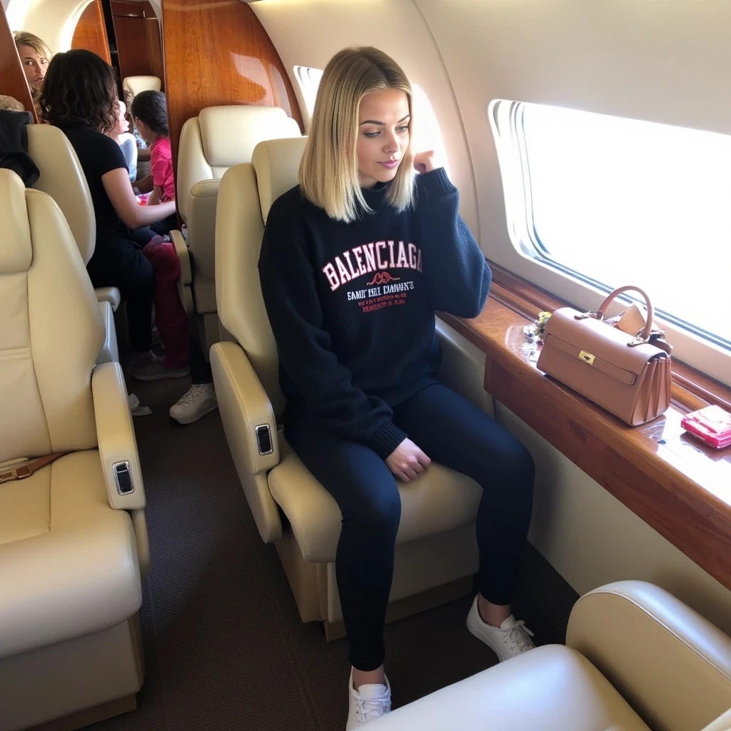 This is a photograph of a young woman seated in the back of a private plane. The woman has fair skin, straight, shoulder-length blonde hair, and is wearing minimal makeup. She is dressed casually in a black turtleneck sweater with the text "BALENCIAGA" and in red and white, paired with black leggings and white Converse sneakers. Her legs are spread out, and she is sitting with her knees bent, one hand holding her hair back and the other on her knee.

The interior of the private plane is luxurious, with cream-colored leather seats and polished wood paneling. The window to her right is open, allowing natural light to flood the cabin, creating a bright and airy atmosphere. A Hermes Birkin is visible on the floor next to her, and there are small items, possibly snacks or drinks, on the table in front of her. The background includes the blurred outlines of other young passengers, suggesting a small group is traveling together. The overall ambiance of the photo is relaxed and chic, capturing a moment of leisurely travel.