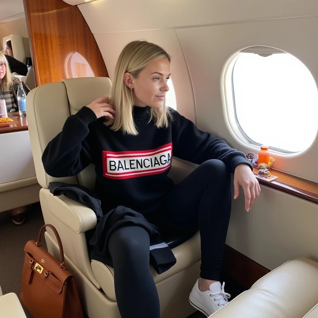 This is a photograph of a young woman seated in the back of a private plane. The woman has fair skin, straight, shoulder-length blonde hair, and is wearing minimal makeup. She is dressed casually in a black turtleneck sweater with the text "BALENCIAGA" and in red and white, paired with black leggings and white Converse sneakers. Her legs are spread out, and she is sitting with her knees bent, one hand holding her hair back and the other on her knee.

The interior of the private plane is luxurious, with cream-colored leather seats and polished wood paneling. The window to her right is open, allowing natural light to flood the cabin, creating a bright and airy atmosphere. A Hermes Birkin is visible on the floor next to her, and there are small items, possibly snacks or drinks, on the table in front of her. The background includes the blurred outlines of other young passengers, suggesting a small group is traveling together. The overall ambiance of the photo is relaxed and chic, capturing a moment of leisurely travel.