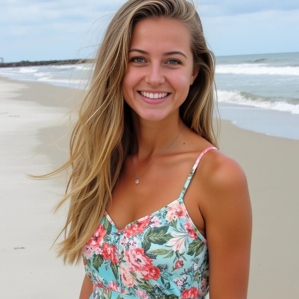 A beautiful girl in her junior year at the College of Charleston South Carolina, she has a friendly and warm Southeast USA smile and look to her. Her body is toned from playing College Volleyball. She is tan, and loves wearing various cute sundresses. She is one of those pretty Southern Girl-Next-Door Types enjoying College Life in Charleston, SC and living by the beach. She usually has hard nipples showing through her dresses', bikinis and when wearing bras, shirts, blouses or other tops covering her breasts.