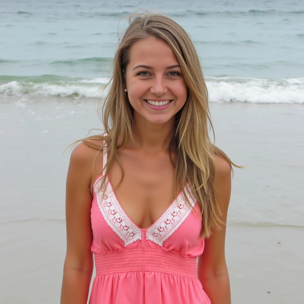 A beautiful girl in her junior year at the College of Charleston South Carolina, she has a friendly and warm Southeast USA smile and look to her. Her body is toned from playing College Volleyball. She is tan, and loves wearing various cute sundresses. She is one of those pretty Southern Girl-Next-Door Types enjoying College Life in Charleston, SC and living by the beach. She usually has hard nipples showing through her dresses', bikinis and when wearing bras, shirts, blouses or other tops covering her breasts.