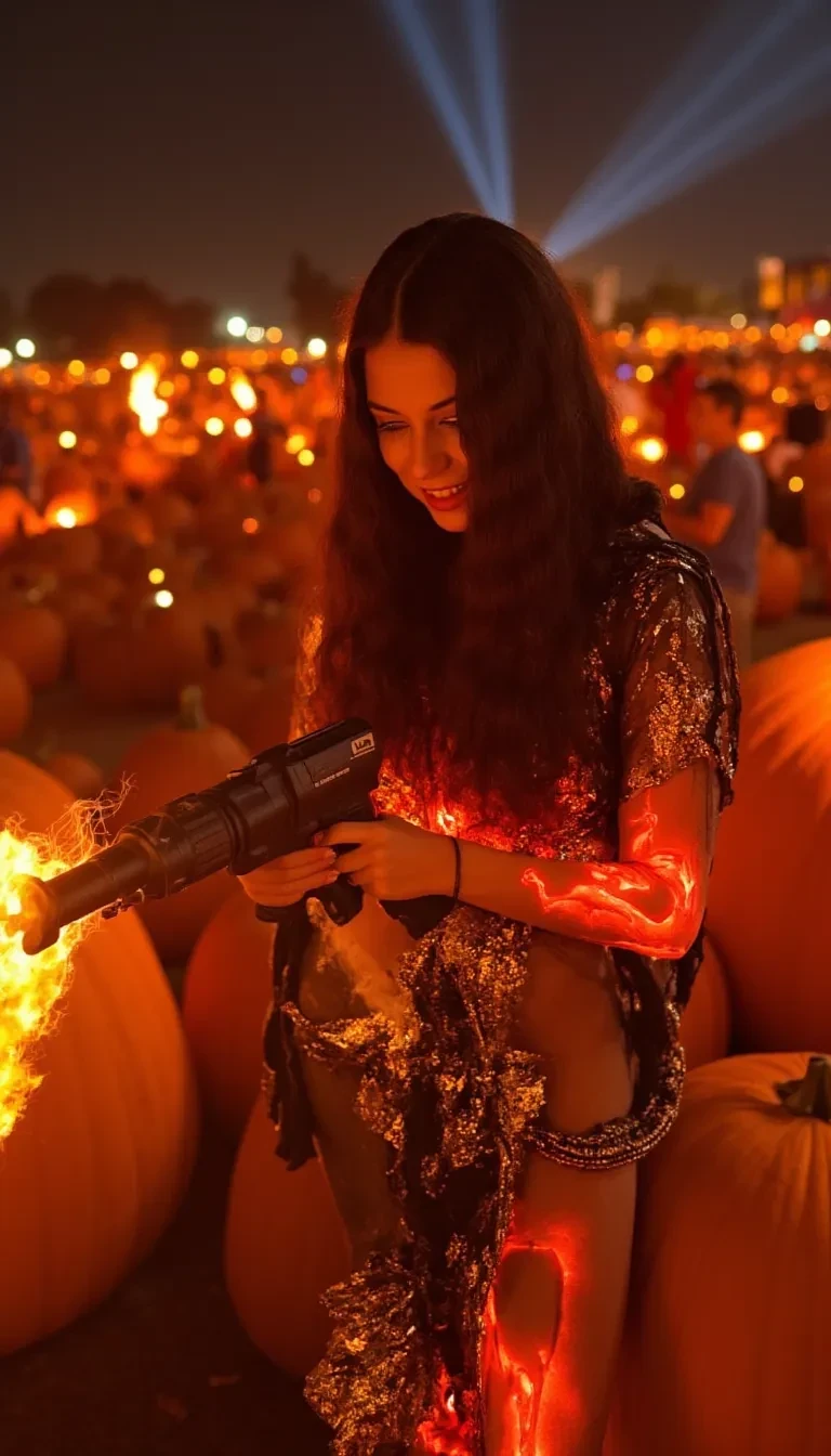 a young woman at pumpkin festival wearing shi dv9i1t92uoh7k2fdhh9rv1x8