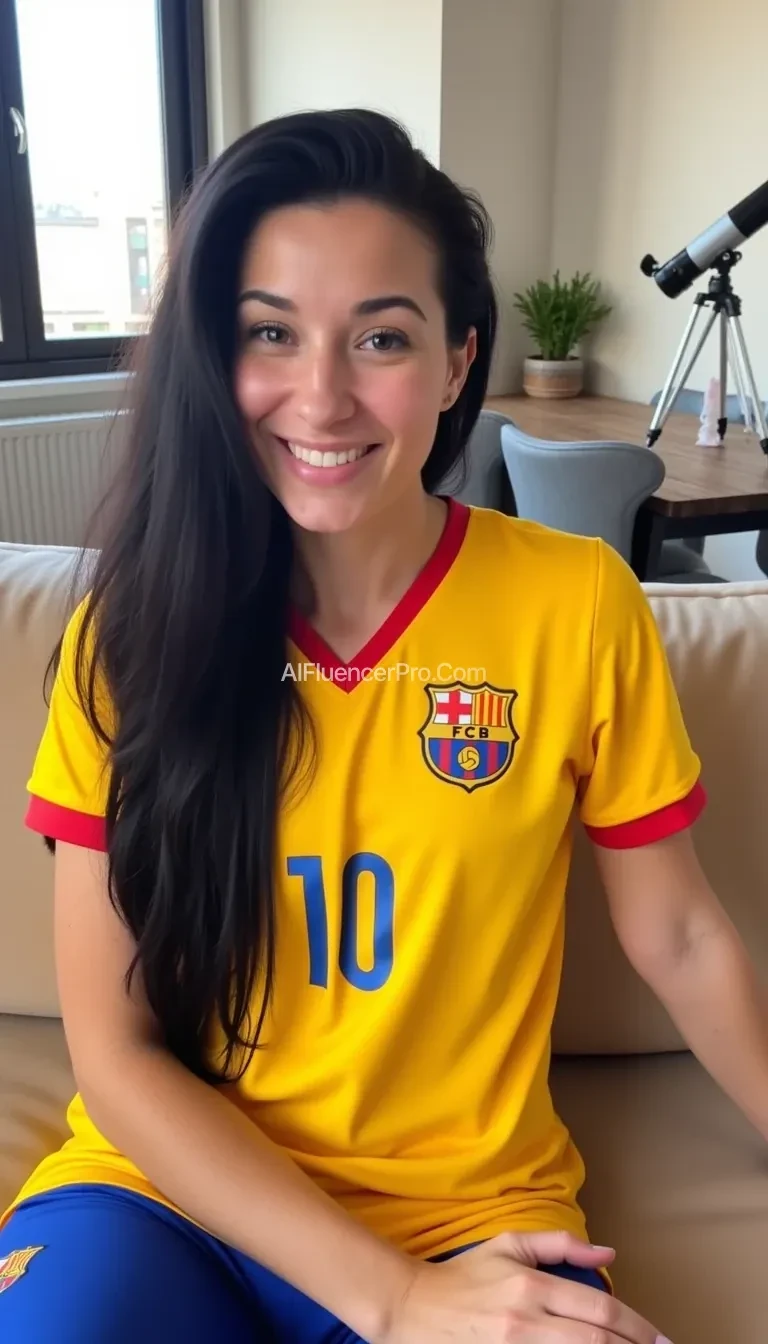 A woman with long black hair, wearing a vibrant yellow soccer jersey featuring red and blue accents, is seated in a cozy, modern living room. The background includes a plush beige sofa and a sleek wooden dining table with grey chairs. A telescope stands beside the window, adding an element of curiosity and adventure to the scene. The room is softly lit, enhancing the warm and relaxed atmosphere.
