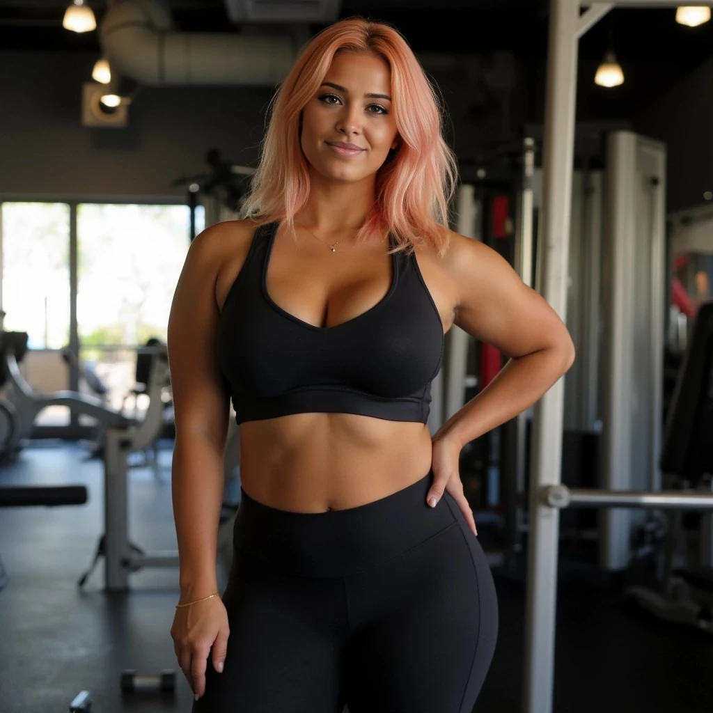 full-body image of a fit, curvy, and seductive female influencer based on the reference image. She has shoulder-length peach-pink hair, glowing skin, and a confident, sultry expression. She’s wearing tight, dark-colored gym clothes—a sports bra and high-waisted leggings—that accentuate her toned figure and hourglass shape. Sweat marks are visible under her chest and lower back, hinting at an intense workout. Her skin is slightly glistening, with muscle tone showing in her arms, legs, and core. She's standing in a gym environment with natural lighting, leaning casually against a wall or equipment, one hand on her hip, looking directly at the camera with a smirk. The mood is bold, sexy, and powerful.