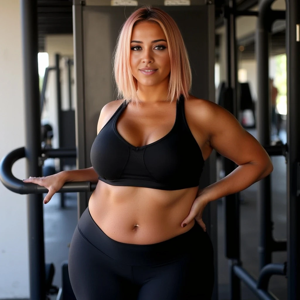 full-body image of a fit, curvy, and seductive female influencer based on the reference image. She has shoulder-length peach-pink hair, glowing skin, and a confident, sultry expression. She’s wearing tight, dark-colored gym clothes—a sports bra and high-waisted leggings—that accentuate her toned figure and hourglass shape. Sweat marks are visible under her chest and lower back, hinting at an intense workout. Her skin is slightly glistening, with muscle tone showing in her arms, legs, and core. She's standing in a gym environment with natural lighting, leaning casually against a wall or equipment, one hand on her hip, looking directly at the camera with a smirk. The mood is bold, sexy, and powerful.