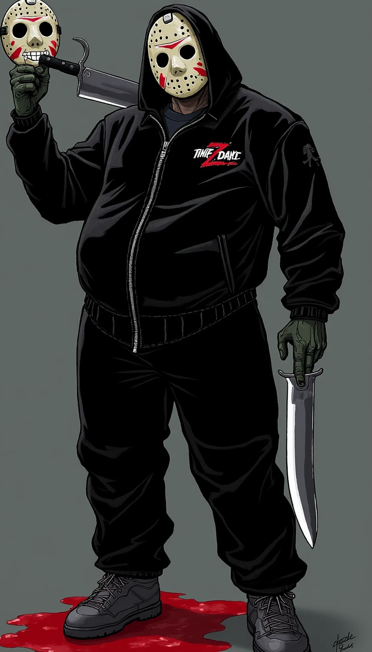 a black urban cartoonish version of jason voorhees in a Jordan jumpsuit full body holding a head as if he was showing it off and in the other his machete resting on his shoulder at the bottom of this head will be a puddle of blood and I would like the head to be smiling scary 