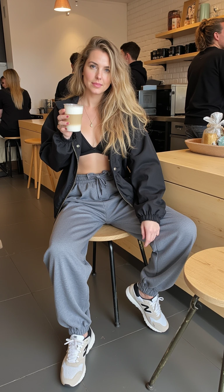 Show Beth looking more english with blonde long tustled hair in a biouji coffee bar in manchester with a latte in hand.  The coffee bar has a simple Scandinavian asthetic. shes wearing grey joggin pants and a bra top, no jacket, her left leg is half resting on the chair with he other foot on the floor, shes wearing New Balance trainers, she has light makeup on
