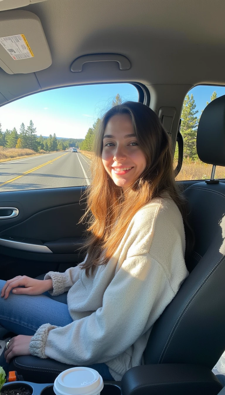 boring low quality snapchat photo circa 2015, A young woman with a warm smile, sitting in the driver's seat of a cozy car. She has soft, wavy brown hair cascading past her shoulders. The sunlight streams through the window, casting a gentle glow on her face. The interior of the car is neat and comfortable, with a coffee cup in the cup holder and a small plant on the dashboard. The background outside the window shows a scenic road lined with trees and blue skies