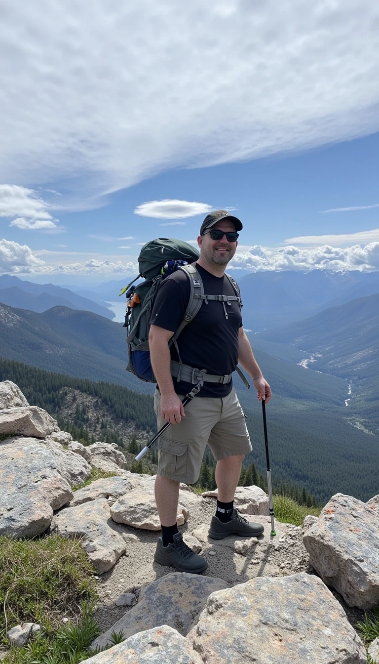 photo of a mid 40s man CSTMDL in hiking attire at the summit of a small mountain