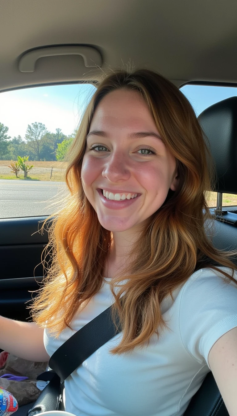 boring low quality snapchat photo circa 2015, A young woman with a warm smile, sitting in the driver's seat of a cozy car. She has soft, wavy auburn hair cascading past her shoulders. The sunlight streams through the window, casting a gentle glow on her face. The interior of the car is neat and comfortable, with a coffee cup in the cup holder and a small plant on the dashboard. The background outside the window shows a scenic road lined with trees and blue skies