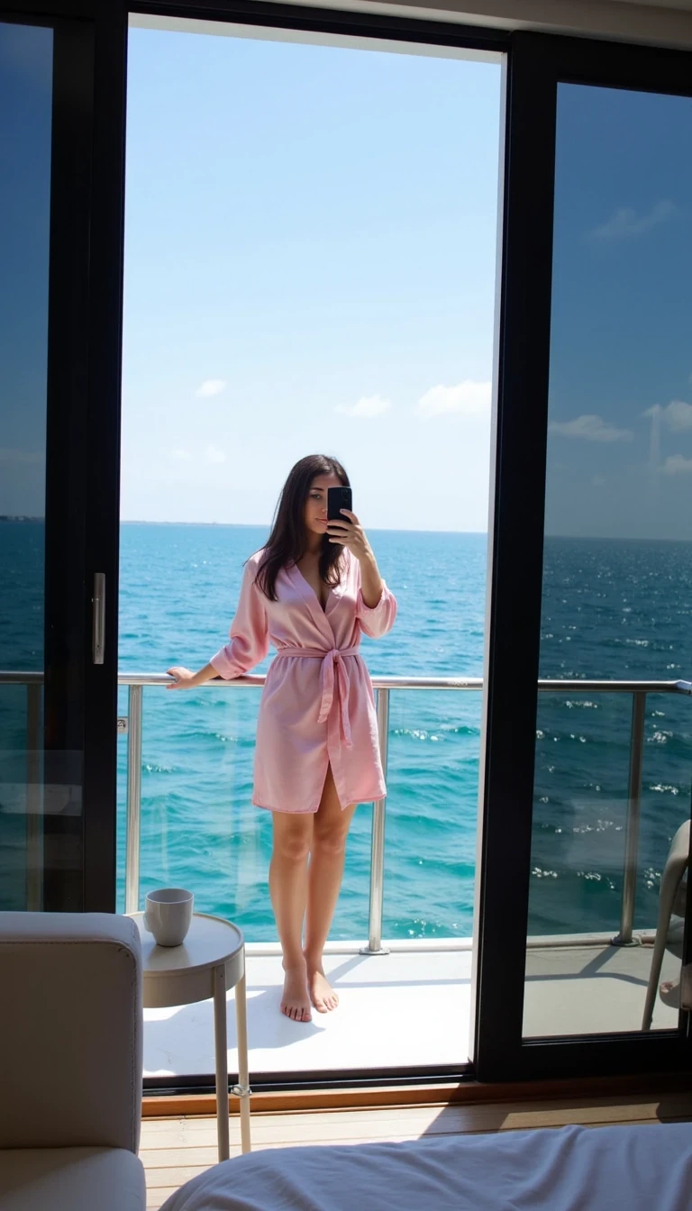 photo of woman CSTMDL, A hyper-realistic photo of a pink woman in a light silk robe, barefoot on the deck of a luxury yacht in Florida. She’s holding a cup of coffee while taking a mirror selfie in the cabin doorway. The calm turquoise water sparkles behind her, with a clear blue Florida sky above. The scene feels intimate, relaxed, and luxurious. Bianca Censori like

