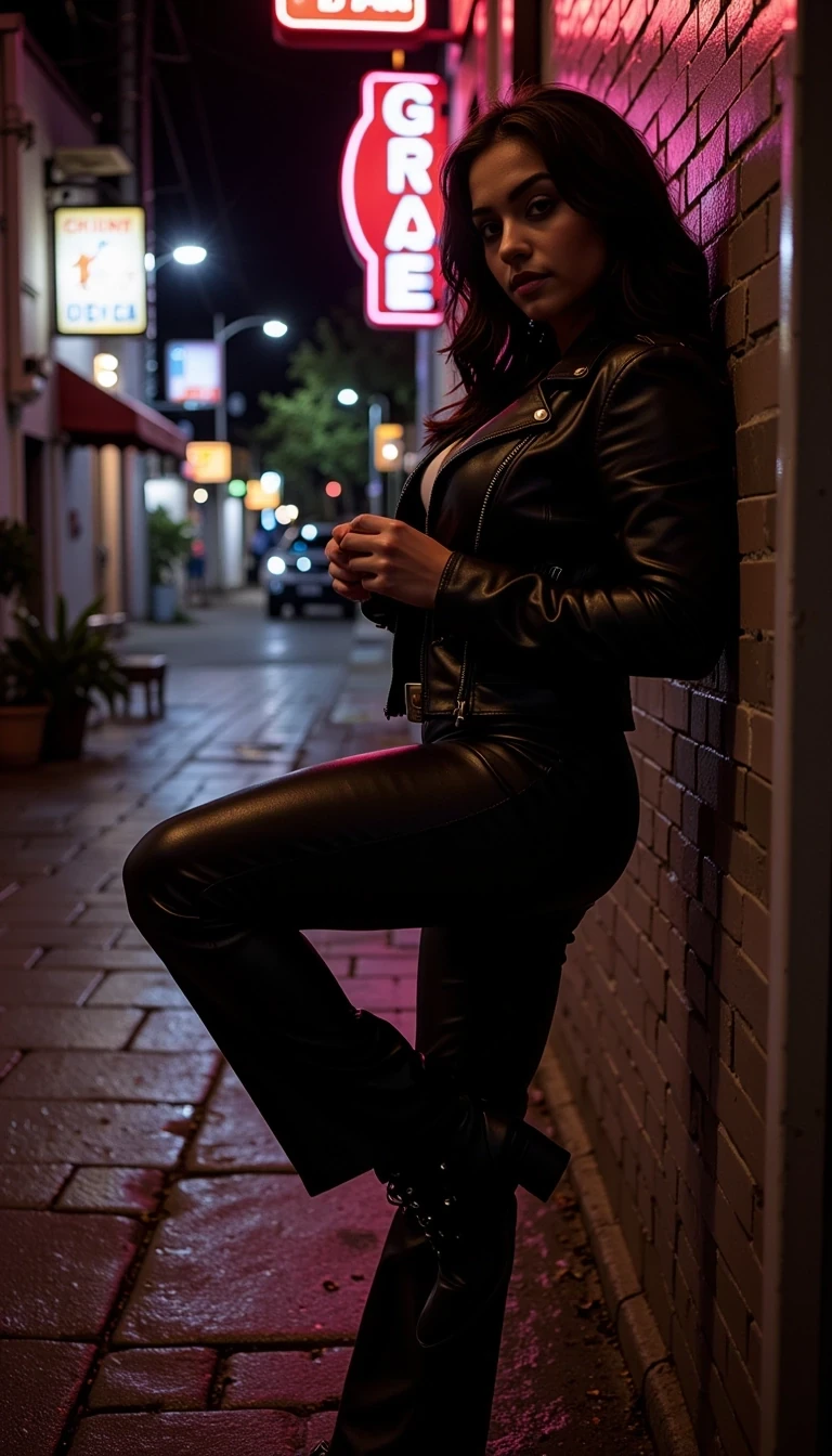 photo of an woman CSTMDL, curvy silhouette, dark wavy hair, wearing a black leather jacket and high-waisted pants, leaning against a dimly alley wall, wet pavement reflecting neon signs, moody night-time atmosphere with soft rain drizzle and distant city lights glowing in the background, edgy and cinematic urban vibe