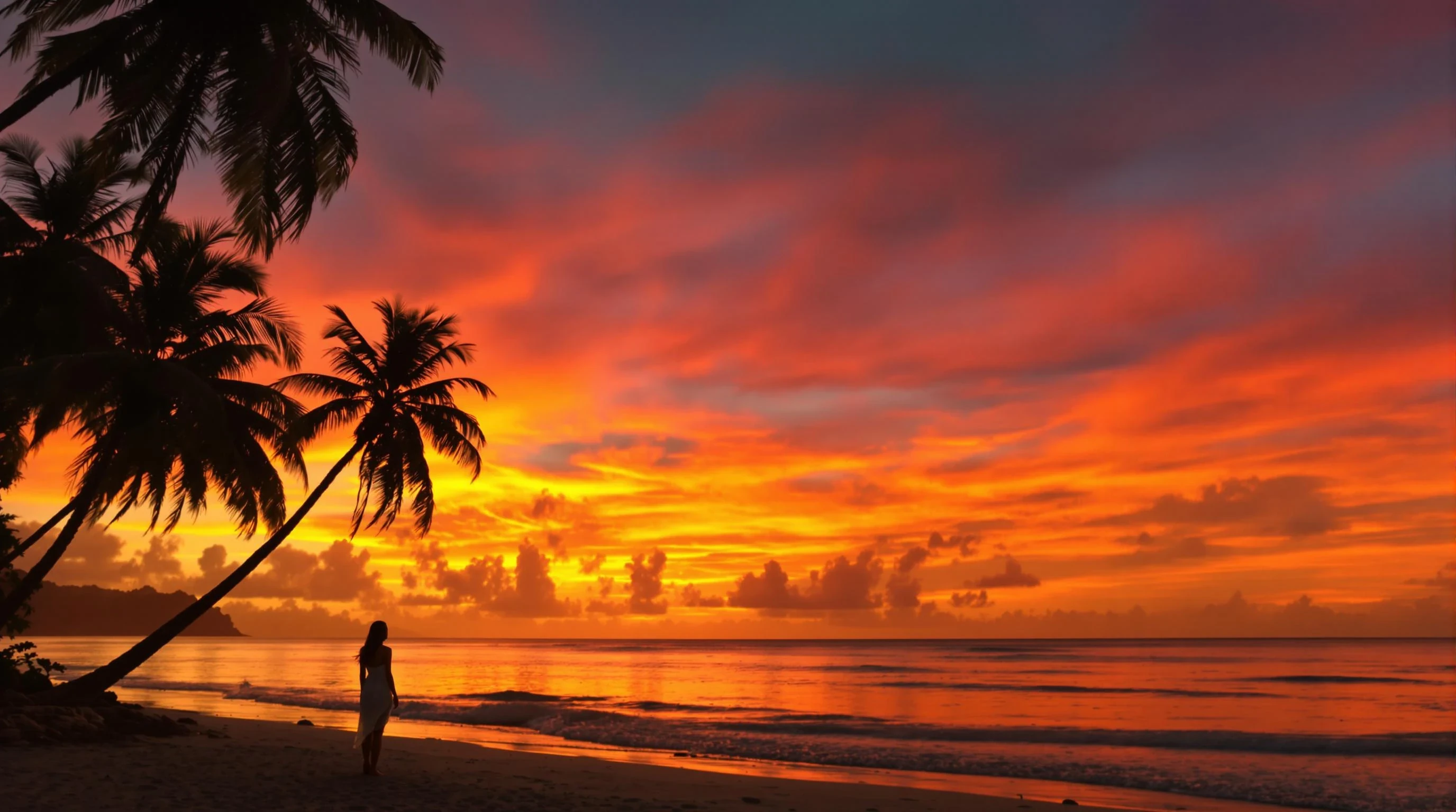 "A realistic tropical beach at sunset with vivid orange  and yellow sky. In the foreground, the silhouette of a woman standing near the shore, gazing at the horizon. Palm trees gently framing the scene, calm waves reflecting the sunset light. Cinematic, peaceful, emotionally warm. Ultra-realistic 4K photo with space on the right for text overlay. make it not too dark