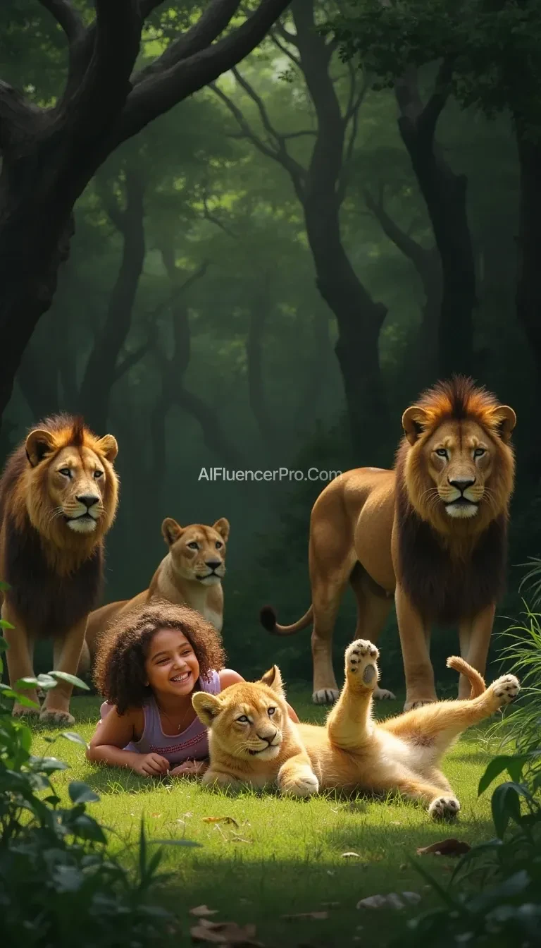 In the heart of a dense, ancient forest, where sunlight barely touches the ground through the thick canopy of trees, a small girl with wild, curly hair is playfully tumbling in the soft grass. She laughs as a lion cub nuzzles her cheek with its warm, golden fur, its tiny paws batting at her gently. Around her, the deep green shadows shift as three or four adult lions watch over her with calm, protective eyes. The air is thick with the scent of earth and wildness, but the girl is unafraid, her trust in the creatures around her unspoken but clear. The lions remain still, their regal postures showing no aggression, only a quiet guardianship. The cub rolls onto its back, paws flailing in the air, and the girl giggles, her innocent laughter blending with the quiet sounds of the forest.