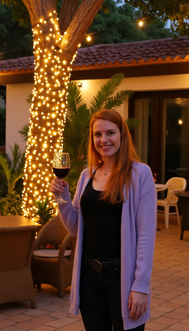A full body shot photo of a woman standing outdoors at a cozy, warmly lit patio in the evening, with soft, glowing lights wrapped around a tree behind them creating a charming atmosphere. The image is rich in detail, with warm tones and clear textures throughout. The woman has fair skin, a slim build, and long reddish-blonde hair, also worn loose. She is smiling warmly at the camera, holding a glass of red wine in her right hand, and wears a soft-textured lavender cardigan over a black top. The background features a large tree with sparkling string lights wrapped around its trunk and branches, adding a magical touch to the scene. The setting suggests a private outdoor seating area, with elements like terracotta-tiled roofing, greenery, and rattan chairs contributing to a serene, inviting vibe. The overall composition is balanced, with the woman framed against the softly glowing tree, and the lighting enhances the warm, intimate feel of a quiet evening shared among friends. The details are vivid, with textures of clothing, skin, and background elements clearly visible, while the warm lighting creates a relaxed and joyful mood