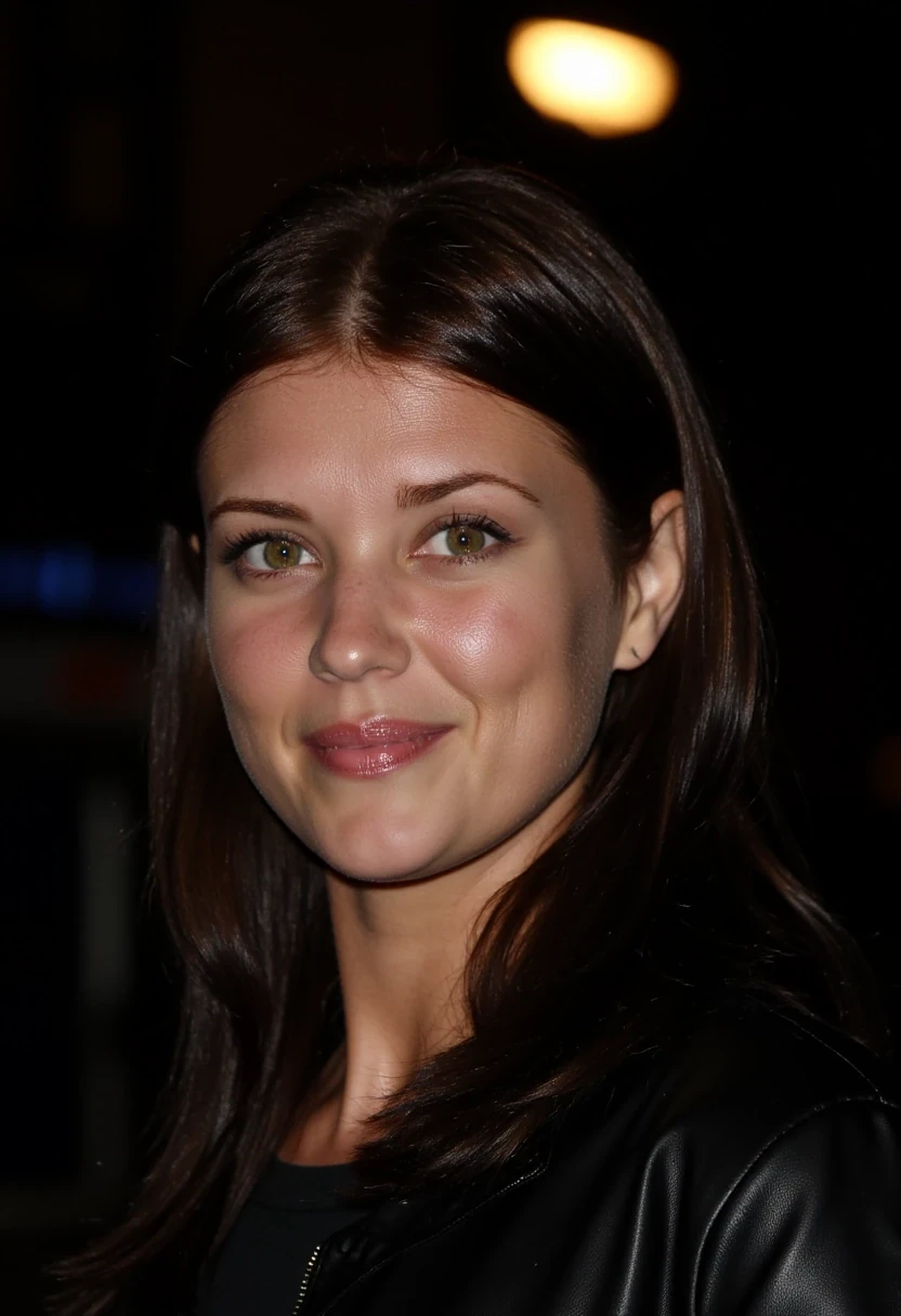 CSTMDL, ice blue eyes, brunette, close-up of her face, no smile, under street lamp by night, bothered
