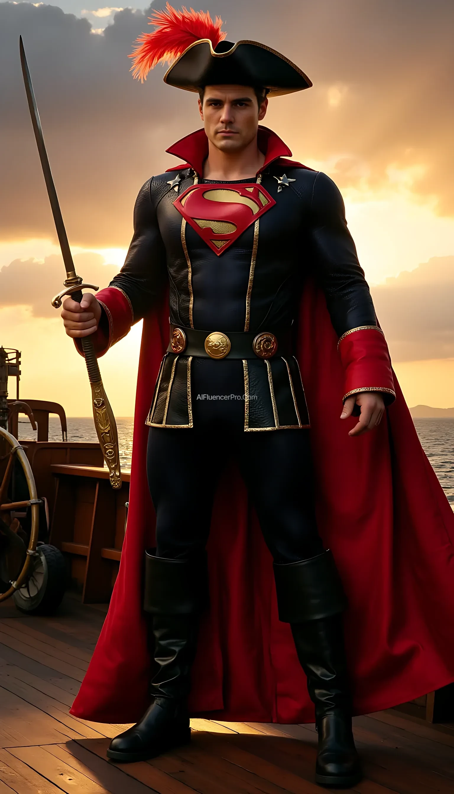 Photorealistic Superman wearing a Captain Hook-inspired outfit. He dons a regal red pirate coat with gold trim, black pants, tall leather boots, and a wide-brimmed pirate hat adorned with a majestic feather. The iconic "S" emblem is prominently displayed on his chest, seamlessly integrated into the pirate design. His right hand holds an elegant golden sword, while his left hand features a shiny hook, blending his superhero identity with the pirate theme. The background features the deck of a grand pirate ship at sunset, with dramatic clouds and a glowing horizon, creating a cinematic and epic atmosphere.
