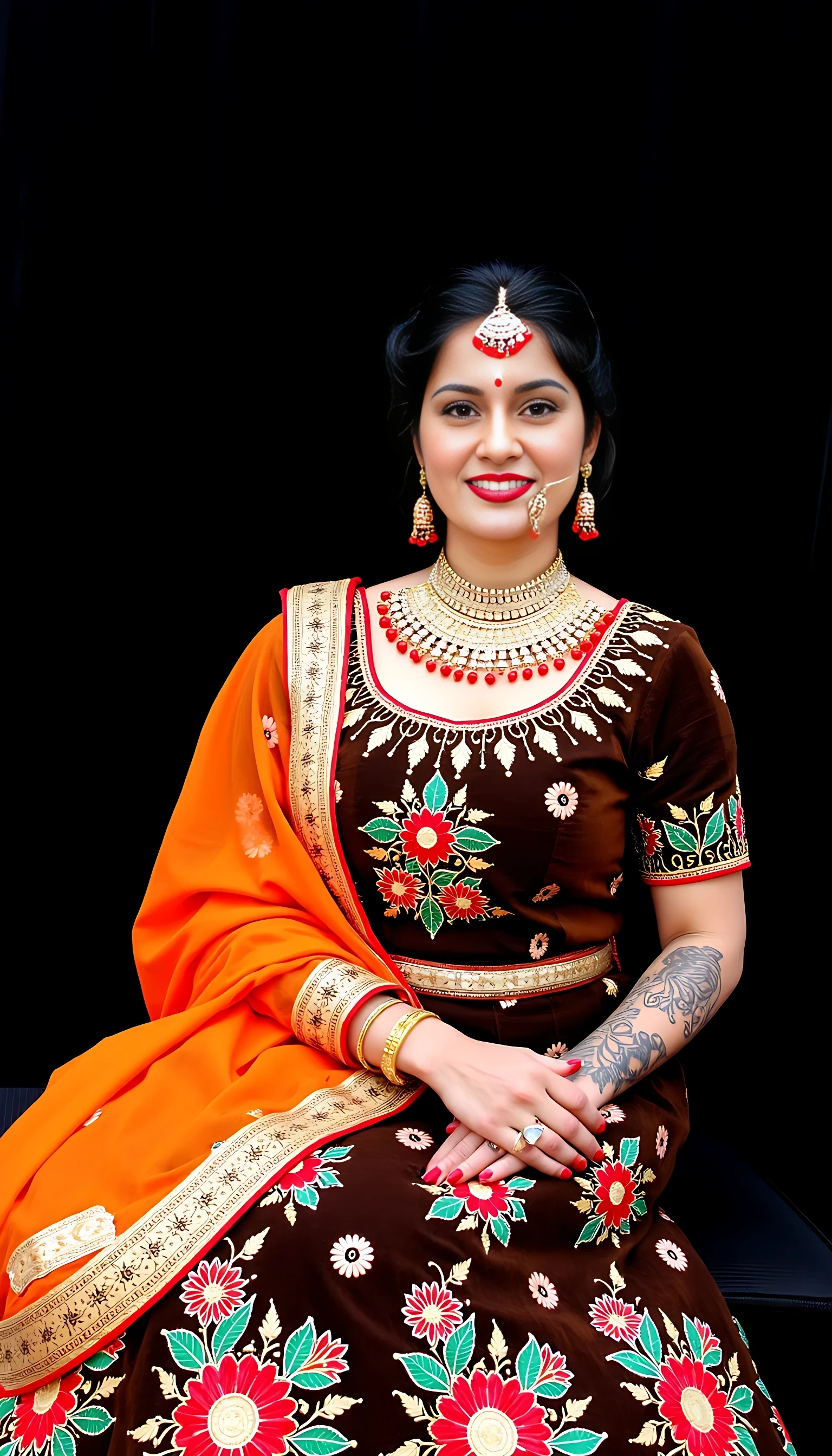 A woman wearing elaborate traditional attire is seated with grace. She dons a richly embroidered brown dress adorned with vibrant red and green floral patterns, accompanied by a vivid orange dupatta embellished with a gold trim. Her jewelry includes an ornate choker necklace and a decorative tikka on her forehead. Her makeup is elegant, featuring bold red lips. Visible on her arm is a detailed tattoo, adding a modern touch to the traditional ensemble. She sits against a dark backdrop, which contrasts with the bright colors of her outfit.