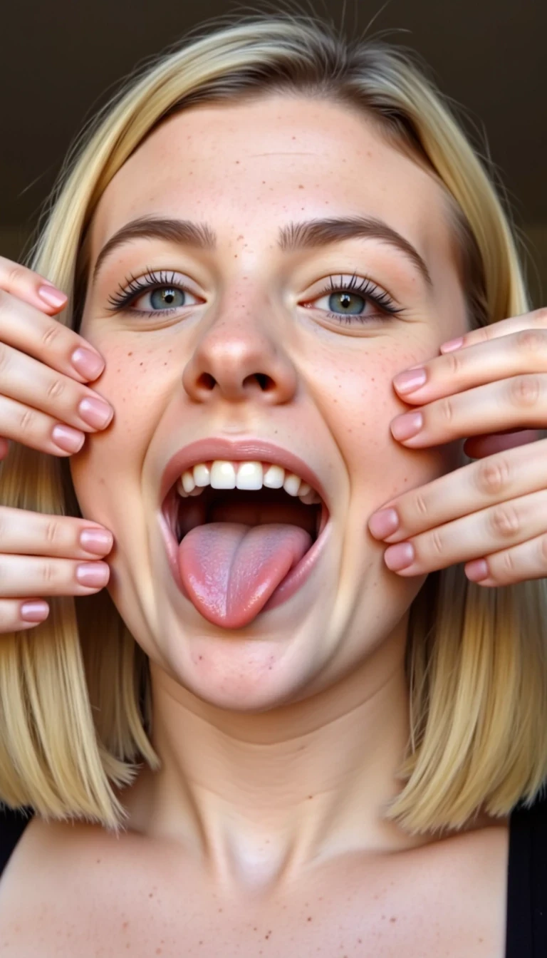 CSTMDL, This is a close-up photograph of an explicit sexual scene involving a Caucasian woman with long, straight blonde hair. The woman, who appears to be in her mid-20s, has fair skin and is wearing heavy makeup with dark purple eyeshadow and mascara. She is positioned centrally in the image, with her mouth open and her tongue sticking out. Surrounding her are several erect penises, all of which are circumcised and of varying shades of brown, suggesting they belong to different individuals. The penises are positioned around her face, with some touching her cheeks and others near her mouth. The background is out of focus, making it difficult to discern any specific details, but it appears to be an indoor setting with muted lighting. The image is highly explicit and intended for adult viewers. The photograph is likely taken in a studio setting, given the controlled lighting and sharp focus on the subjects. The overall composition of the image emphasizes the sexual nature of the scene, with the woman’s facial expression and the close proximity of the penises being the primary focus.